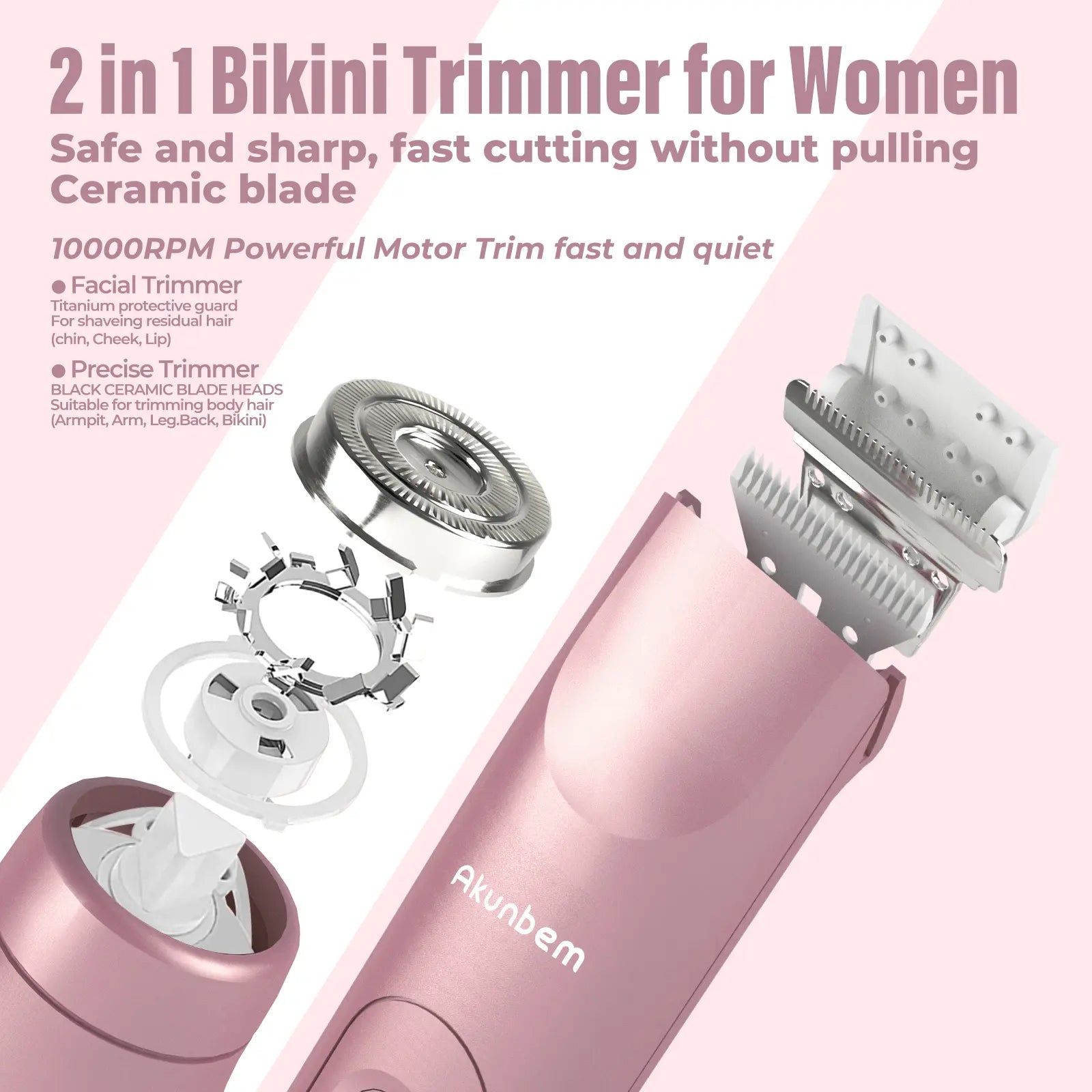 Akunbem Women's Bikini Trimmer - Rechargeable 2-in-1 Electric Shaver and Epilator for Body and Facial Grooming, Dual Heads for Painless Hair Removal, IPX7 Waterproof, Ideal for Holiday Gifting