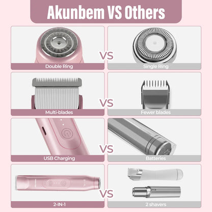 Akunbem Women's Bikini Trimmer - Rechargeable 2-in-1 Electric Shaver and Epilator for Body and Facial Grooming, Dual Heads for Painless Hair Removal, IPX7 Waterproof, Ideal for Holiday Gifting