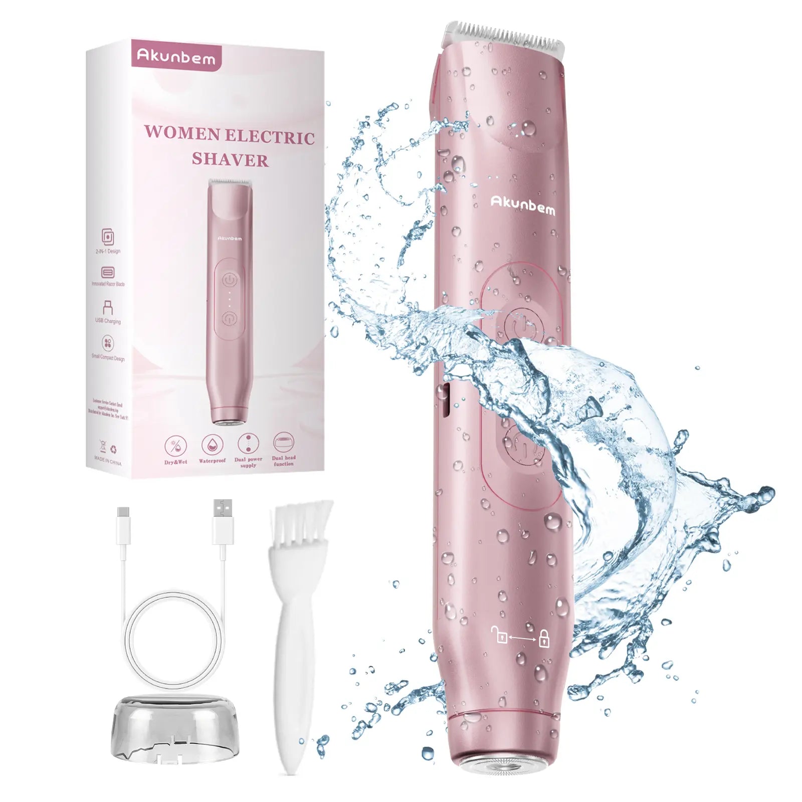 Akunbem Women's Bikini Trimmer - Rechargeable 2-in-1 Electric Shaver and Epilator for Body and Facial Grooming, Dual Heads for Painless Hair Removal, IPX7 Waterproof, Ideal for Holiday Gifting